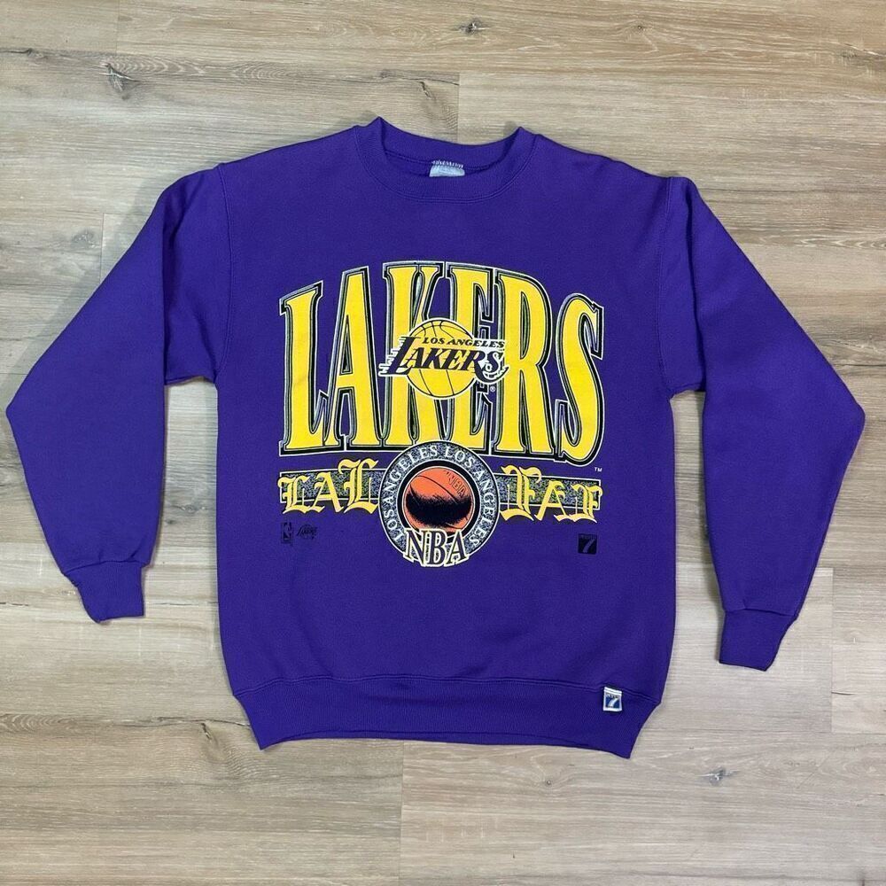 Vintage Logo 7 LA Lakers Crewneck Sweatshirt Size M Purple Gold Retro Basketball